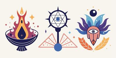 A set of three different symbols with an eye, a fire and a bowl vector