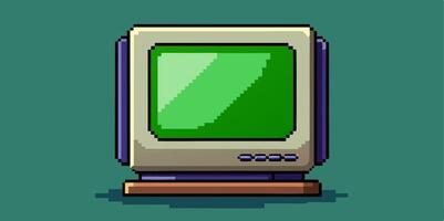 Pixel art computer monitor with green screen vector