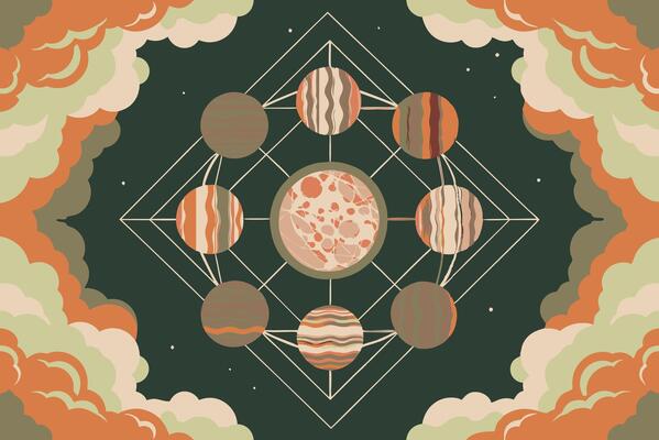 An illustration of planets and moons in a circle