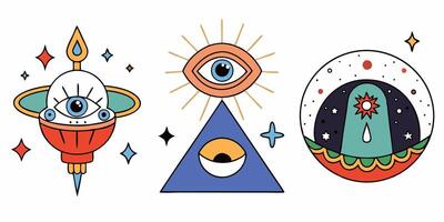 Three different eye symbols and a triangle vector