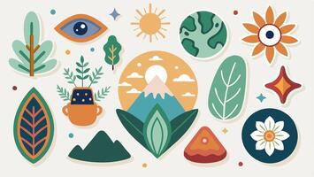 A set of colorful stickers with plants, trees and other objects vector