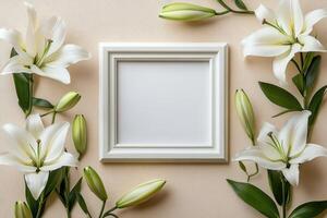 White lilies framing an empty photo frame on a beige background