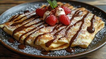 Delicious crepes with chocolate, raspberries, whipped cream and mint on a plate photo