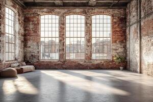 Empty industrial loft with large windows and city view showing sunlight and shadows photo