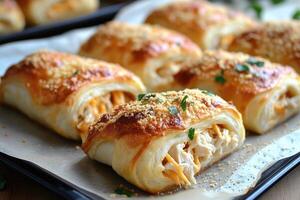 Delicious puff pastry bundles with chicken and cheese filling, sprinkled with grated parmesan and parsley photo