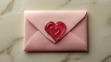 Pink envelope sealed with red heart representing love and affection on marble background photo