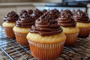 Delicious cupcakes with chocolate frosting and chocolate chips resting on a cooling rack photo