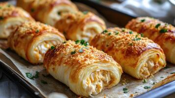 Delicious puff pastry rolls with chicken and cheese filling baking on a tray photo