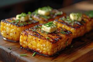 Grilled corn on the cob with melting butter and herbs photo