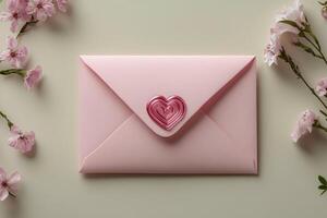 Pink envelope with heart representing love and affection surrounded by flowers photo