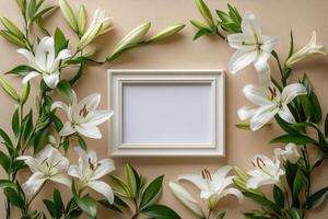 White lilies framing an empty photo frame on a beige background