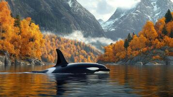 Orca whale swimming in lake with autumn forest and mountains photo