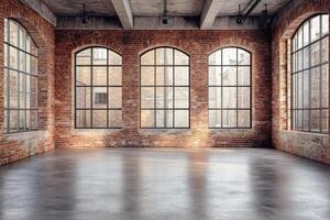 Empty industrial loft with large windows and city view showing sunlight and shadows photo