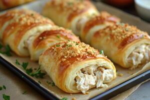 Delicious puff pastry bundles with chicken and cheese filling, sprinkled with grated parmesan and parsley photo