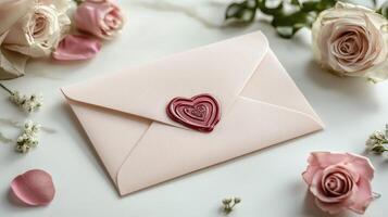 Pink envelope sealed with red heart representing love and affection on marble background photo