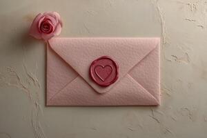 Pink envelope with heart representing love and affection surrounded by flowers photo