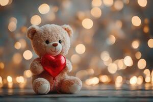 Teddy bear holding red heart with romantic bokeh lights background photo