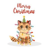 Christmas card with cat, kitten. Happy holidays. Greeting concept. Ideal for print, postcard or label. New Year card. illustration on a white background. vector