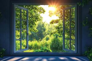 Open window showing beautiful green trees and bright sunlight photo