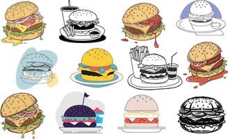 Creative Burger Illustrations with Vibrant and Minimalist Styles vector
