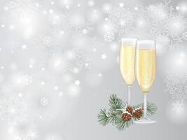 Two flute glasses filled with sparkling champagne over snowy winter blurred background. Snowflakes and coniferous branch with cone. Happy holiday card vector