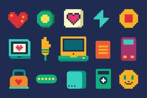 Pixel art icons set, including a computer, phone, and other items vector