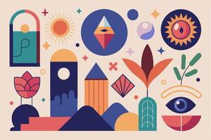 A colorful illustration of various objects vector