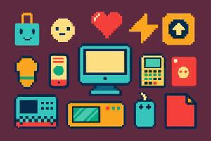 Pixel art icons set of computer, phone, tablet, and other devices vector