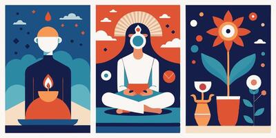 Three different illustrations of people sitting in meditation vector