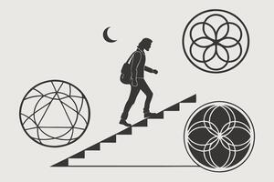 A man walking up stairs with a flower and a globe vector
