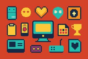 Pixel art icons set on red background vector