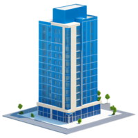 isometric building with blue windows and trees png