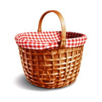 a wicker basket with a red and white checkered cloth on it png