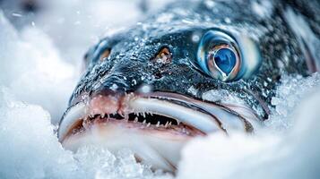Close up of a frozen fish. Concept of winter, fishing, and seafood. photo