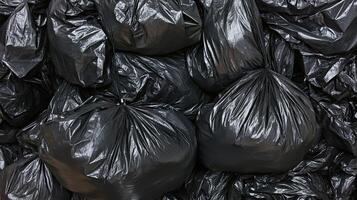 Pile of Black Garbage Bags. Waste Disposal Concept. photo