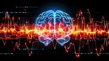 Human Brain with Brainwave Activity. Concept of Mind, Intelligence, and Neuroscience. photo