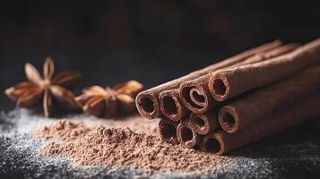 Cinnamon sticks and powder with star anise. Aromatic spice concept. photo