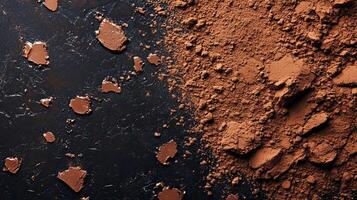 Cocoa powder and chocolate pieces on dark background. Food photography concept. photo