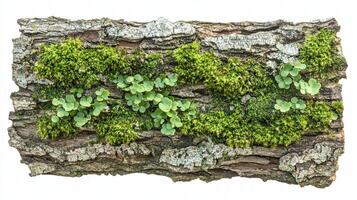 Moss and plants growing on tree bark. Nature texture. photo