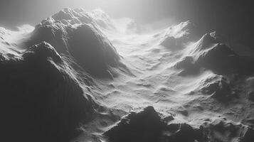 Snowy Mountain Range Landscape. Dramatic Black and White Nature Scene. photo