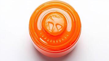 Orange plastic container lid, top view. Concept of Packaging, containers, storage. photo