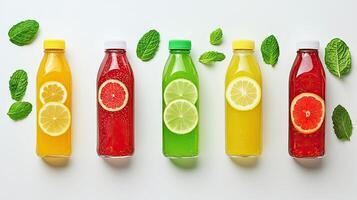 Bottles of fruit juice with lemon, lime, and grapefruit slices. Healthy drinks concept. photo