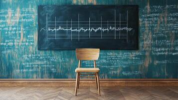 Empty chair in front of blackboard with ECG graph. Concept of education, medicine, or science. photo