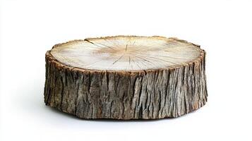 Tree stump slice isolated on white background. Rustic wooden texture. photo