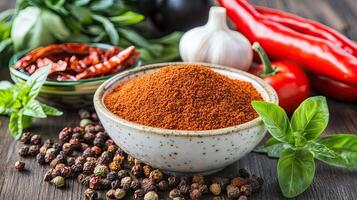 Paprika powder in bowl with peppercorns and vegetables photo