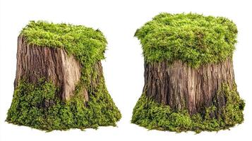 Two mossy tree stumps isolated on white background photo
