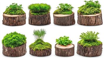 Moss and plants in wooden log slices. Nature, garden, decoration concept. photo