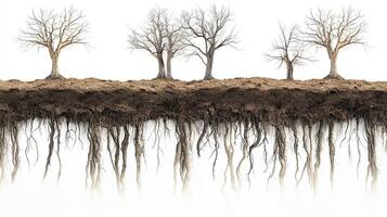 Cross section of soil with tree roots and bare trees. Concept of nature, environment, and ecology. photo