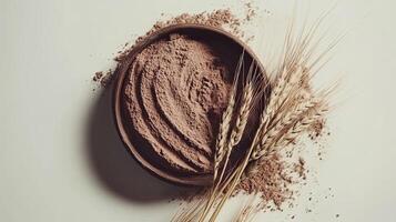 Cocoa powder in bowl with wheat. Chocolate, dessert, baking concept. photo