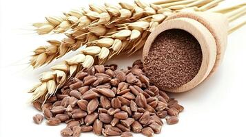Wheat grains and flour. Concept of healthy eating and baking. photo